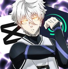 an anime character with white hair and glasses holding his hand up to his face while looking at the camera