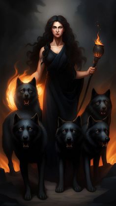 a woman holding a torch surrounded by four black wolfs in front of a dark background