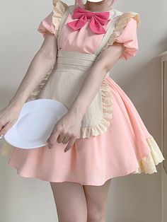 This price includes a dress and a pink bowknot.  Get ready to channel your inner maid with this stunning Pink Lolita Fashion Apron Dress. Complete with a charming bowknot on the neckline, this dress is perfect for anyone looking to add a touch of elegance and whimsy to their wardrobe. Whether you're attending a tea party or simply want to showcase your love for Lolita fashion, this apron dress is sure to turn heads and make you feel like a true fashionista.   	 		 			Size 			S 			M 			L Maid Outfit Aesthetic, Cute Maid Outfit, Pink Uniform, Maid Cafe Uniform, Maid Outfit Pink, Pink Maid Dress, Pink Maid Dress Aesthetic, Maid Dress Uniform, Kawaii Ruffle Costume Dress