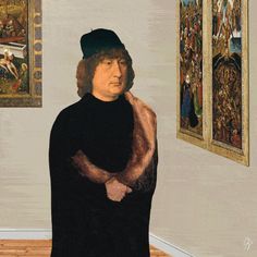 a painting of a man standing in front of paintings on the wall and holding his arms crossed