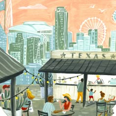 Trendy Downtown Dallas Skyline illustration detail with outdoor restaurants and modern colors; artwork by Angela Staehling Dallas Illustration, Vintage Texas Art, Dallas Art, Dallas Aesthetic, Dallas Map, Cowboys Stadium, Dallas City, Dallas Travel, Texas Sunset