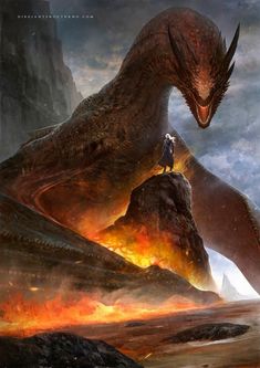 a man standing on top of a mountain next to a giant dragon