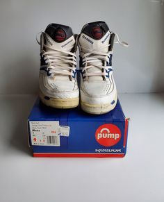 Vintage Reebok Twilight Zone Pump 4-5547 White/Royal/Black The Pump Mens Size 9.5 USA, 1990 with original box. READ: Due to the 10 photo limit, I had to get creative at covering all angles of the shoes and box; still, it's not ideal and I wish I could present more photos. The VIDEO highlights the majority of the cosmetic wear and flaws. the bottom back heels have some cracking and there are a few slits near the back too. Aside from these issues highlighted in the video, there is minimal wear to Reebok Pump, Royal Blue Shoes, Shoe Inserts, Vintage Reebok, Twilight Zone, Shoes Trainers, Vintage Shoes, Blue Shoes, Womens Shoes Sneakers