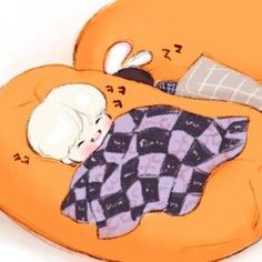 a drawing of a baby sleeping on an orange pillow