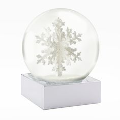 a snow globe is shown on a white stand