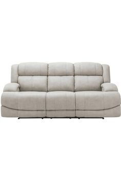 the reclining sofa is shown in light grey