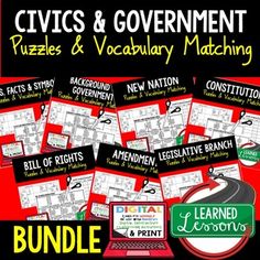 a bunch of red and black posters with the words civics and government puzzles and vocabulary matching