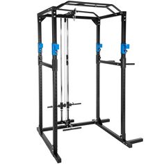 the valor squat station is shown in black with blue handles and two bars on each side