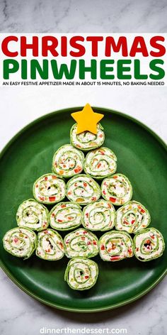 christmas pinwheels are on a green plate