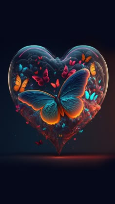 a heart shaped glass with butterflies flying around it on a dark background, in the shape of a butterfly