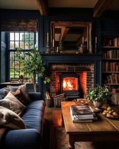 a living room filled with furniture and a fire place next to a window covered in books