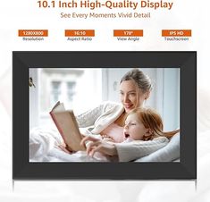 a woman reading a book to her daughter while laying in bed with the caption 10 1 inch high - quality display