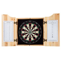 an open wooden box with a dart and score board