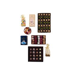 assorted chocolates and candies displayed on white background with tags for each item