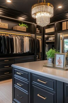 an organized closet with black cabinets and chandelier