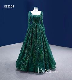 Emerald Green Long Sleeve Prom Dresses Square Neck Formal Dress 222106 – Viniodress