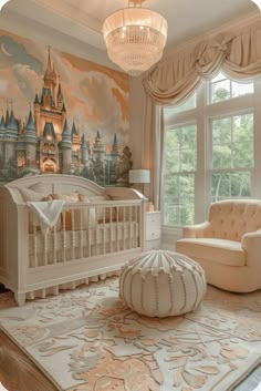 a baby's room with a castle mural on the wall and a white crib