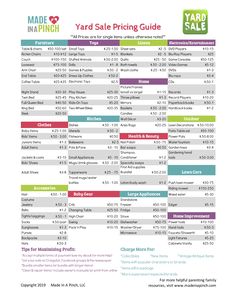 the yard sale pricing guide is shown