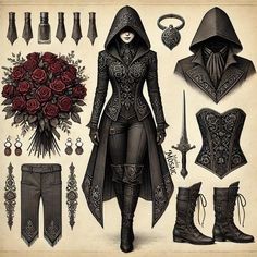 an old fashion illustration with gothic clothing and accessories, including boots, hoods, gloves, scarves and roses