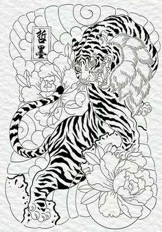 a black and white drawing of a tiger surrounded by flowers