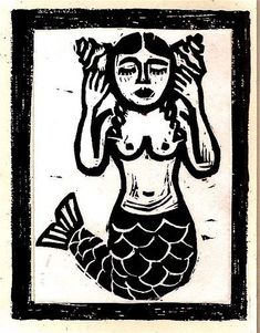 a black and white drawing of a mermaid with her hands on her head, holding a fish