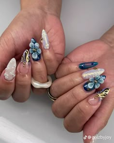 Nail Art Intricate, Every Nail Is Different Design, Cool Nail Inspo 2024 Summer, Blue Junk Nails, Blue Nail Inspo Acrylic, Blue Aesthetic Nails, Ocean Nails, Junk Nails, Spring Acrylic Nails