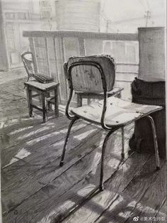 a drawing of two chairs and a table on a wooden floor in front of a window