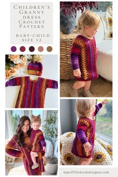 the baby - child's crochet dress is shown in three different colors