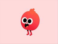 a red apple with eyes and legs sticking out its tongue, standing in front of a pink background