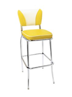 a yellow and white bar stool on a white background with the seat upholstered