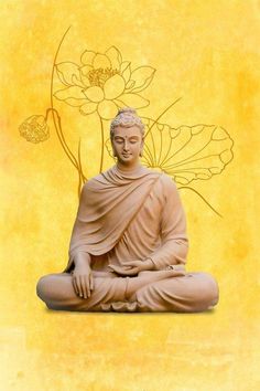 a buddha statue sitting in front of a yellow background