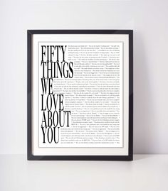 a framed book page with the words fifty things we love about you