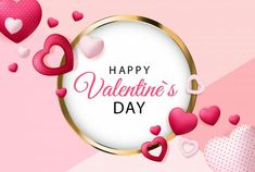 valentine's day greeting card with hearts flying out of the frame on pink and white background