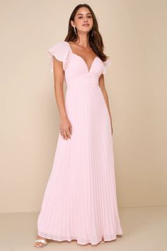 Pink Pleated Dress - Flutter Sleeve Dress - Backless Maxi Dress - Lulus Pale Pink Bridesmaids, Light Pink Bridesmaids, Light Pink Bridesmaid Dresses, Pink Pleated Dress, Blush Pink Bridesmaids, Dresses Western, Casual Formal Dresses, Backless Maxi Dress, Dress Backless