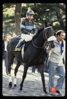 a man riding on the back of a black horse down a street next to people