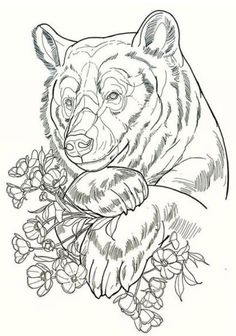 a drawing of a bear with flowers in it's paws