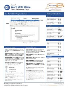 the word 2010 basic quick reference card is shown in this document, which contains information for each