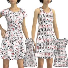 a woman in a dress with playing cards on it and the image is made out of paper