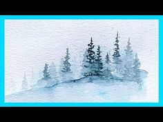 a watercolor painting of trees on a snowy hill with blue sky in the background