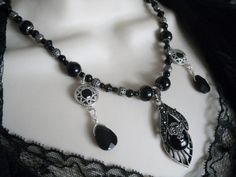 Gothic Victorian Necklace, gothic jewelry victorian jewelry goth jewelry renaissance jewelry gypsy edwardian medieval steampunk rockabilly Gothic Silver Onyx Necklace, Black Metal Necklaces With Silver Beads, Silver Onyx Gothic Necklace, Black Metal Necklace With Silver Beads, Black Necklace With Silver Beads, Elegant Silver Necklace With Black Beads, Gothic Filigree Pendant Jewelry, Gothic Silver Jewelry For Evening, Gothic Beaded Jewelry For Evening