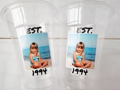 two plastic cups with photos on them