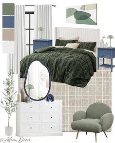 a bedroom with green bedding and blue accents on the walls, white dressers and chair