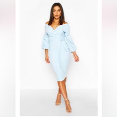 Baby Blue Off The Shoulder Wrap Midi Bodycon Dress Size Us 6 (Has Some Stretch If Needed) Brand New - Never Worn, Just Took Off Tags Light Blue Knee-length Bodycon Dress For Spring, Fishtail Midi Dress, Yellow Floral Maxi Dress, Sheer Long Sleeve Dress, Ribbed Bodycon Midi Dress, Dresses Off The Shoulder, Midi Bodycon Dress, Shoulder Wrap, Boohoo Dresses