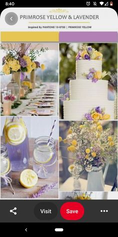 a collage of photos with yellow and purple flowers in vases, lemon wedges, cake