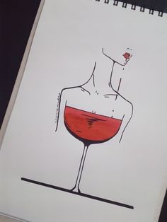 a drawing of a person holding a wine glass with red liquid in it's mouth