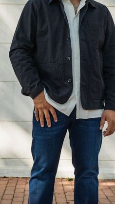 Get ready for your night out with a Navy Rhythm Chore jacket, a white button down and jeans. White Button Down And Jeans, Button Down And Jeans, White Button Down Shirt, White Button Down