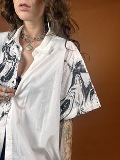 Reworked split black marble painted white short sleeve button down shirt. (Send message on RE.STATEMENT for more sizes). White Short, Black Marble, Upcycle Clothes, Yin Yang, Short Tops, White Shorts, Short Sleeves Tops, Swirl, Button Down Shirt