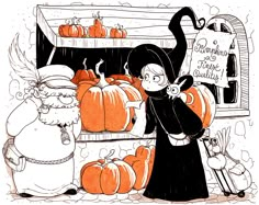 an old woman looking at pumpkins on display in a store with a man holding a sign