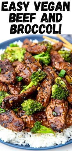 beef and broccoli stir fry on rice with chopsticks in the background