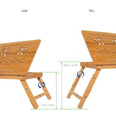 two folding wooden stools are shown with measurements for each side and the other side